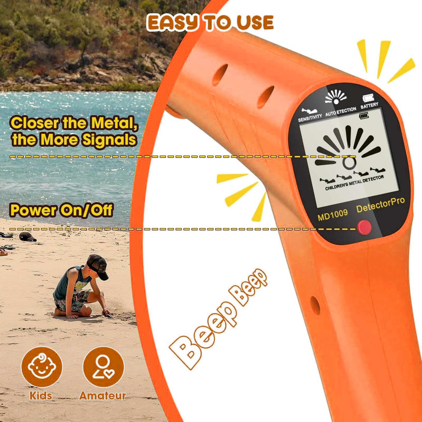 Detectores de tesoros ajustables para niños con pantalla LCD visual, diseño ergonómico y ligero para exteriores de 5 a 12 años, detectores de metales para niños con pantalla LCD
