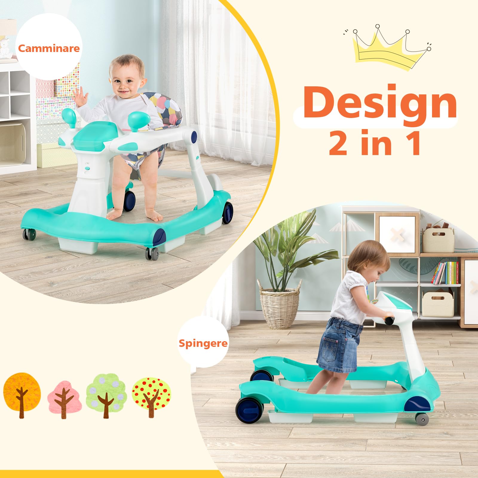 RELAX4LIFE 2 in 1 Girello Neonato 6-18 Mesi, Primi Passi Pieghevole per Bambini con Altezza e Velocità Regolabili, Musica e Luce, Cuscino Rimovibile e Lavabile, Fino a 15 KG (BLU)