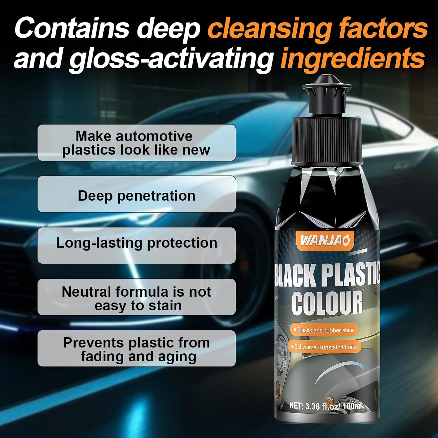 100ML Car Plastic Restorer Black, Black Trim Restorer Automotive with Sponge, Renew Protect Faded Trim Bumpers Dashboards Long Lasting Shine Easy to Apply for Cars RVs Vehicles and Motorcycles - Image 2