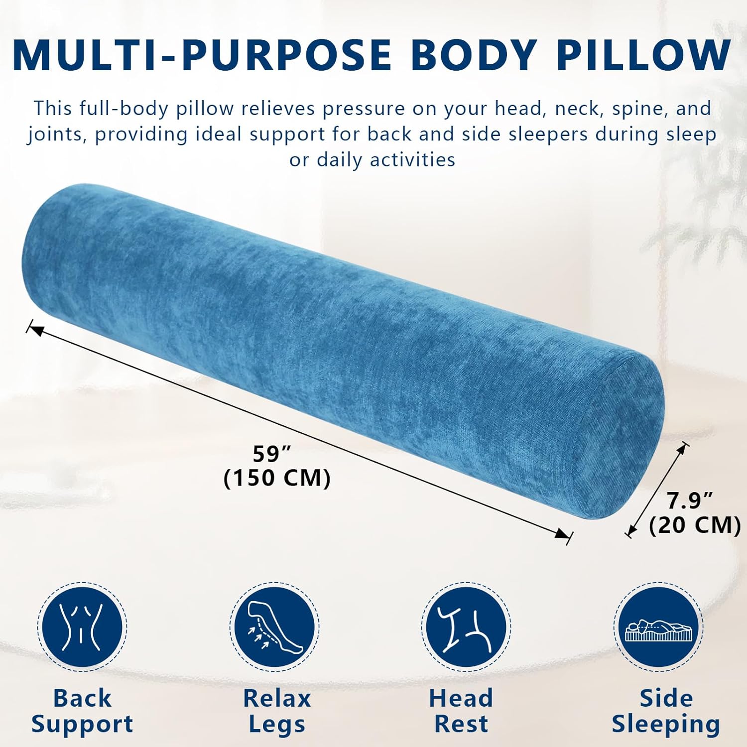 Body Pillow for Adults, Long Full Body Pillow for Side Sleepers and Pregnancy Support, High Resilience Cylindrical Bolster Pillow with Removable Washable Cover (60"x7.9", Cendre Blue)
