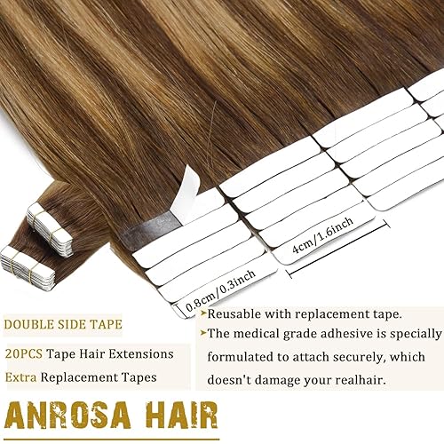 Miniatura 3 de Anrosa Extensiones adhesivas de cabello humano de 24 pulgadas, color marrón chocolate a rubio fresa, reflejos con raíces de color marrón chocolate,