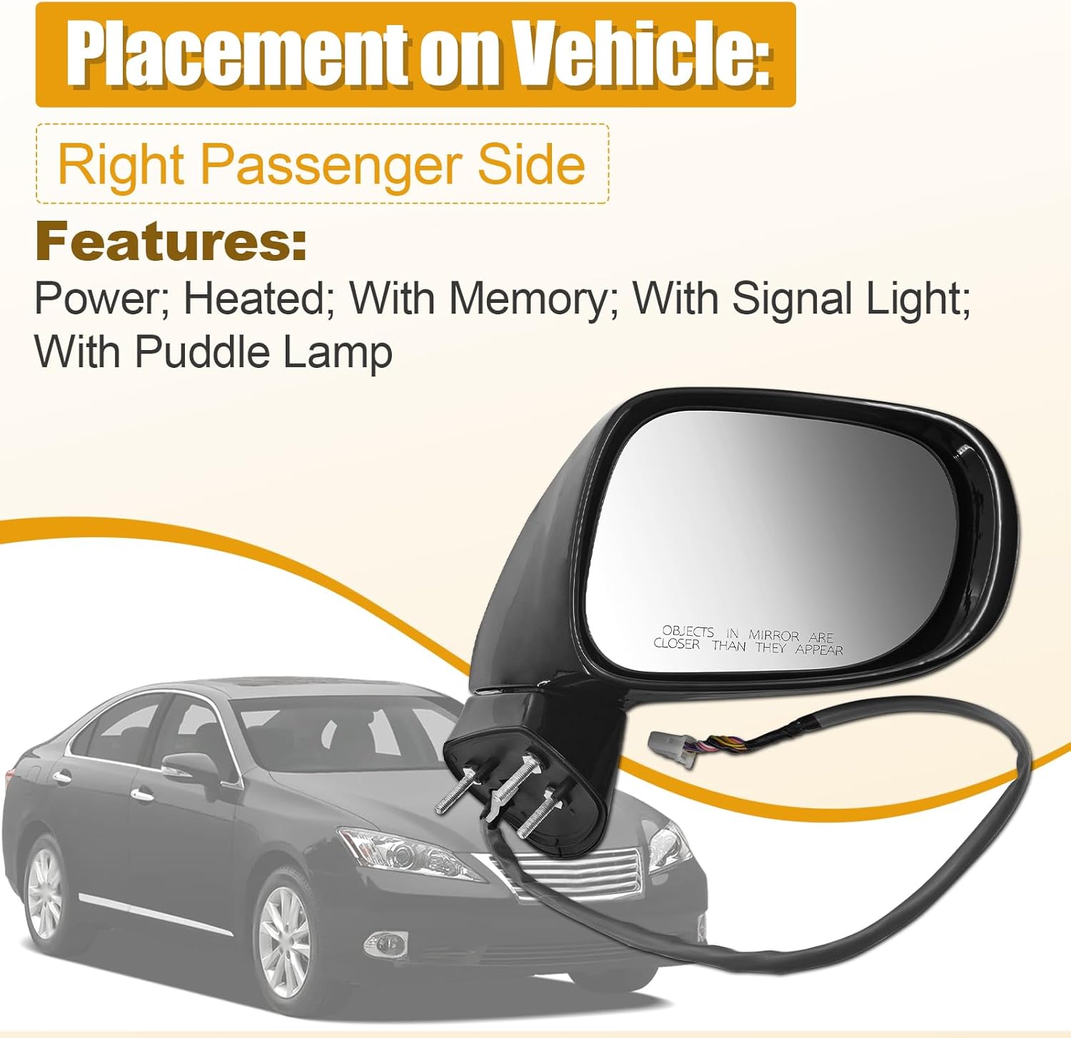 Right Passenger Side Mirror Power Heated Compatible with Lexus ES350 2010 2011 2012 LX1321135 Smooth Black