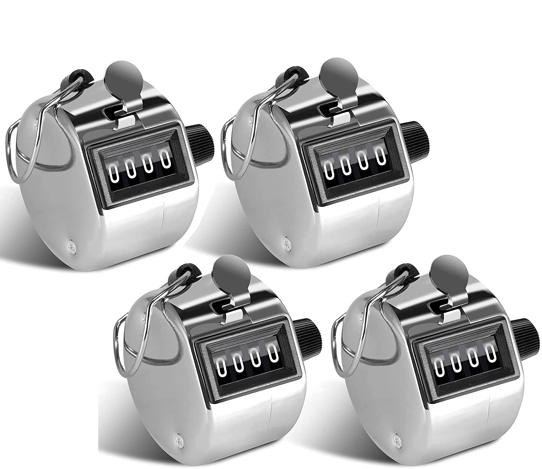 Yangwen 4 Hand Tally Counters, 4 Digit Mechanical Palm Clicker Counter Stainless Steel Hand Held Mechanical Clicker With Finger Ring Sliver