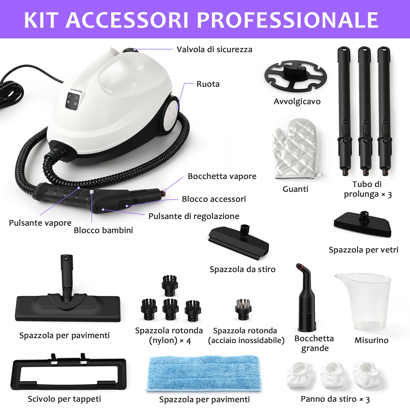 Pulitore a Vapore, Pulitore a Vapore Portatile per la Casa, 120°C Vapore ad Alta Temperatura con 20 Accessori, Ideale per Pavimenti, Divani, Finestre, Mobili e Cucina