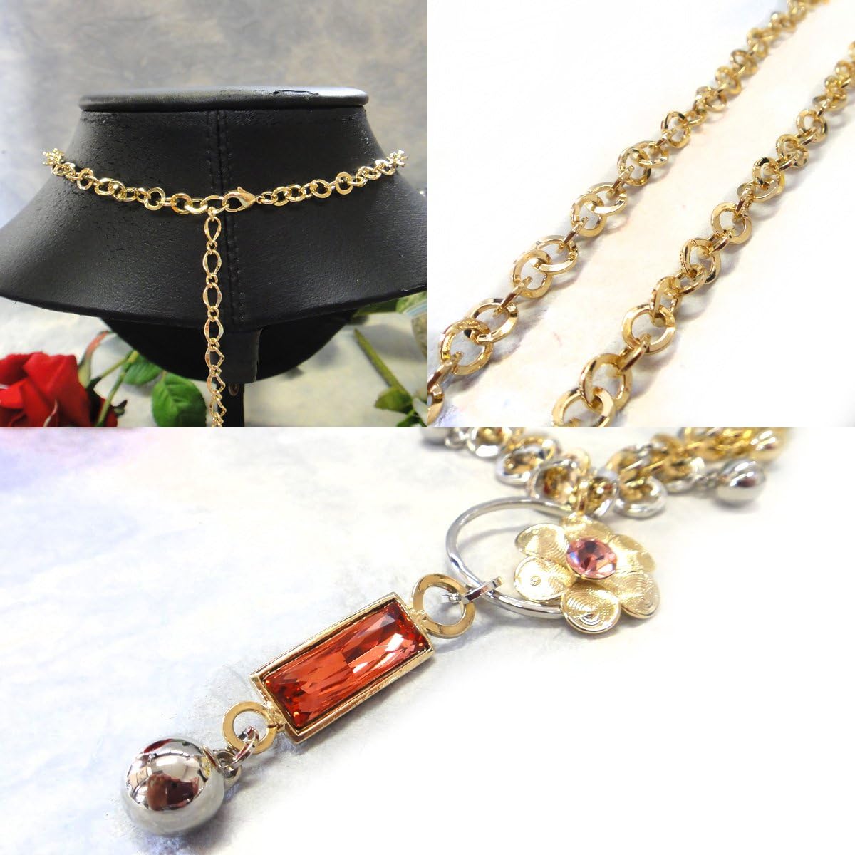 厚みのあるネックレス 「わっかチェーン」のじゃらじゃらモチーフ ゴールド＆ピンクスワロ フラワーネックレス ブラッディーオレンジスト
