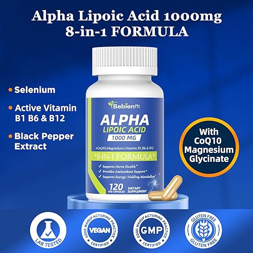 Miniatura 8 de Ácido alfa lipoico 1000 mg (ALA) con benfotiamina B1, B12, CoQ10 y selenio Apoya la salud nerviosa, la energía y el metabolismo 120 cápsulas (120