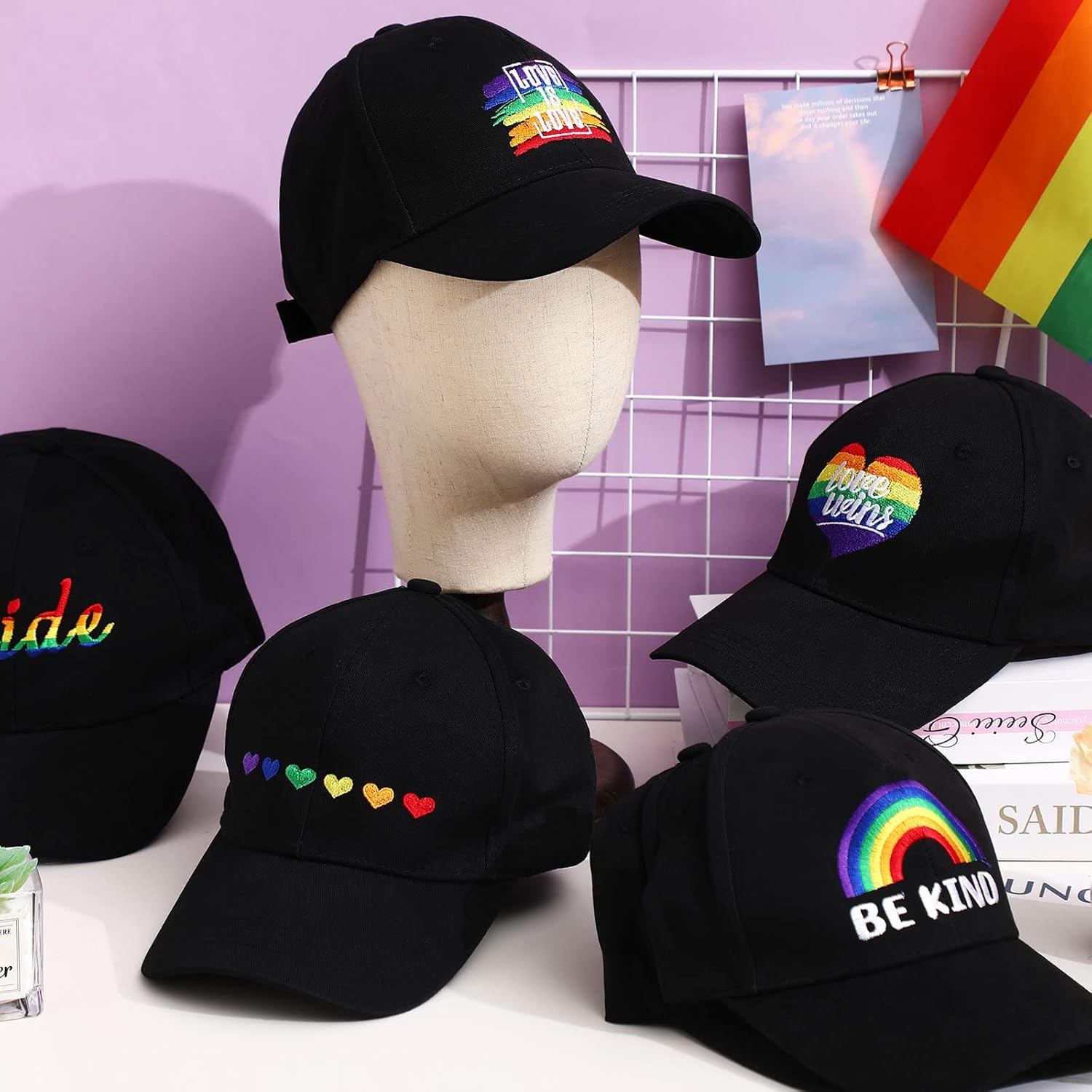 Xuhal 6 Pcs Embroidered Pride Rainbow Hat for Men Women LGBT Baseball Hats Adjustable Washable LGBTQ Cap Gifts