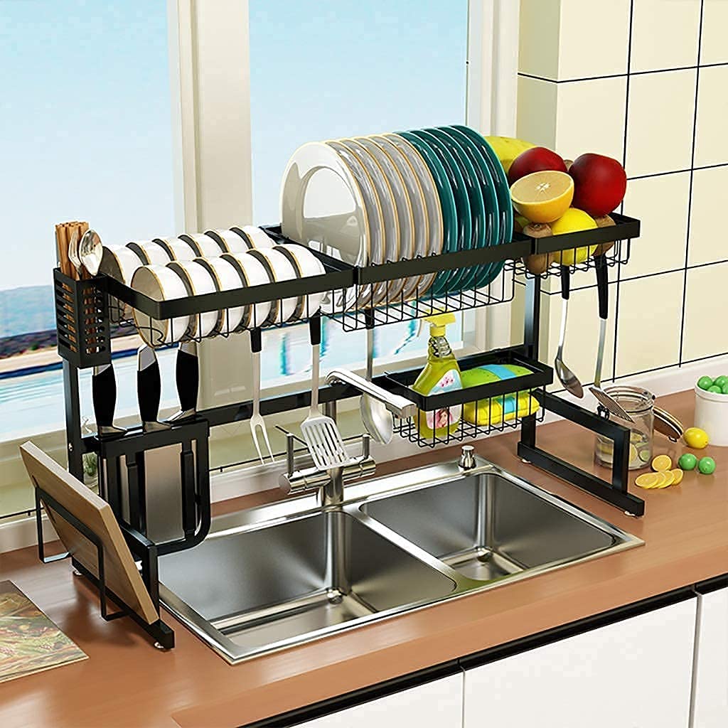 Abtropfgestell, Abtropfgestell über der Spüle, Geschirr-Trockengestell, Schwarz, 201 Edelstahl, Küchen-Abtropfgestell, Geschirr-Abtropfgestell, Organizer