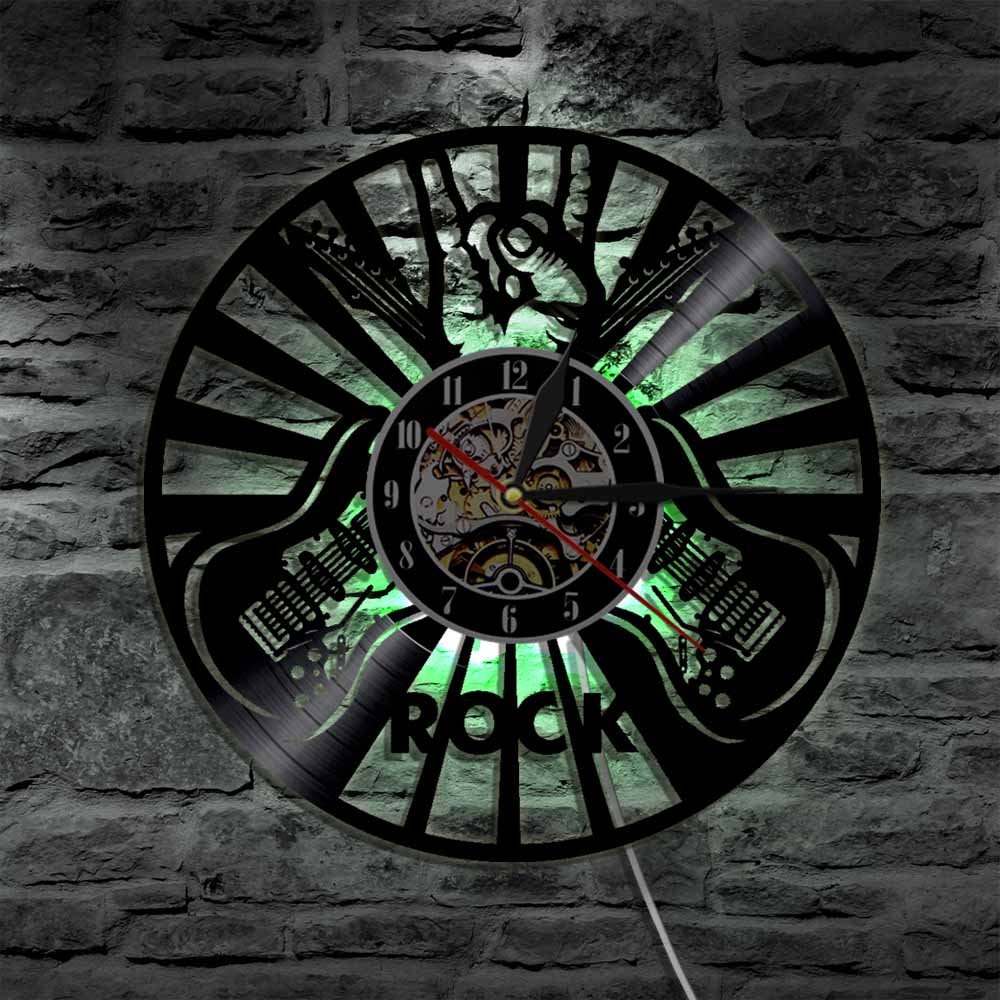 Rock Hand Sign Wall Art Orologio da parete Design moderno Sala da musica Decorazione da parete Orologio da record in vinile Amante della musica rock Chitarristi Regalo Regali per la festa della mamm
