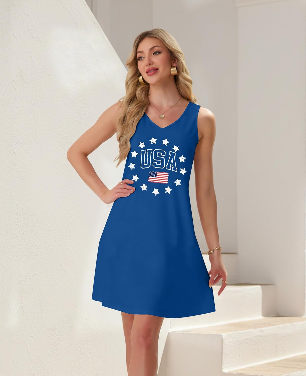 DUTUT Women 4th of July Dresses Patriotic American Flag Sleeveless Dress Stars Stripes V Neck Tank Sundress - Image 6