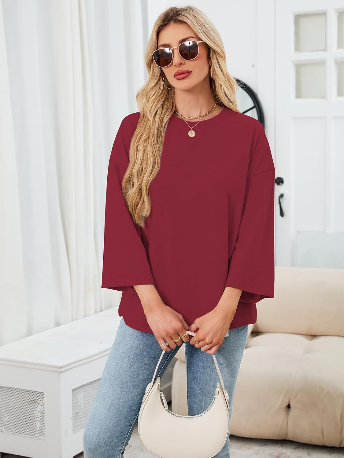 Women's Oversized 3/4 Sleeve Shirts Crew Neck Drop Shoulder Summer Casual Loose Fit Basic Tops Tshirt - Image 3