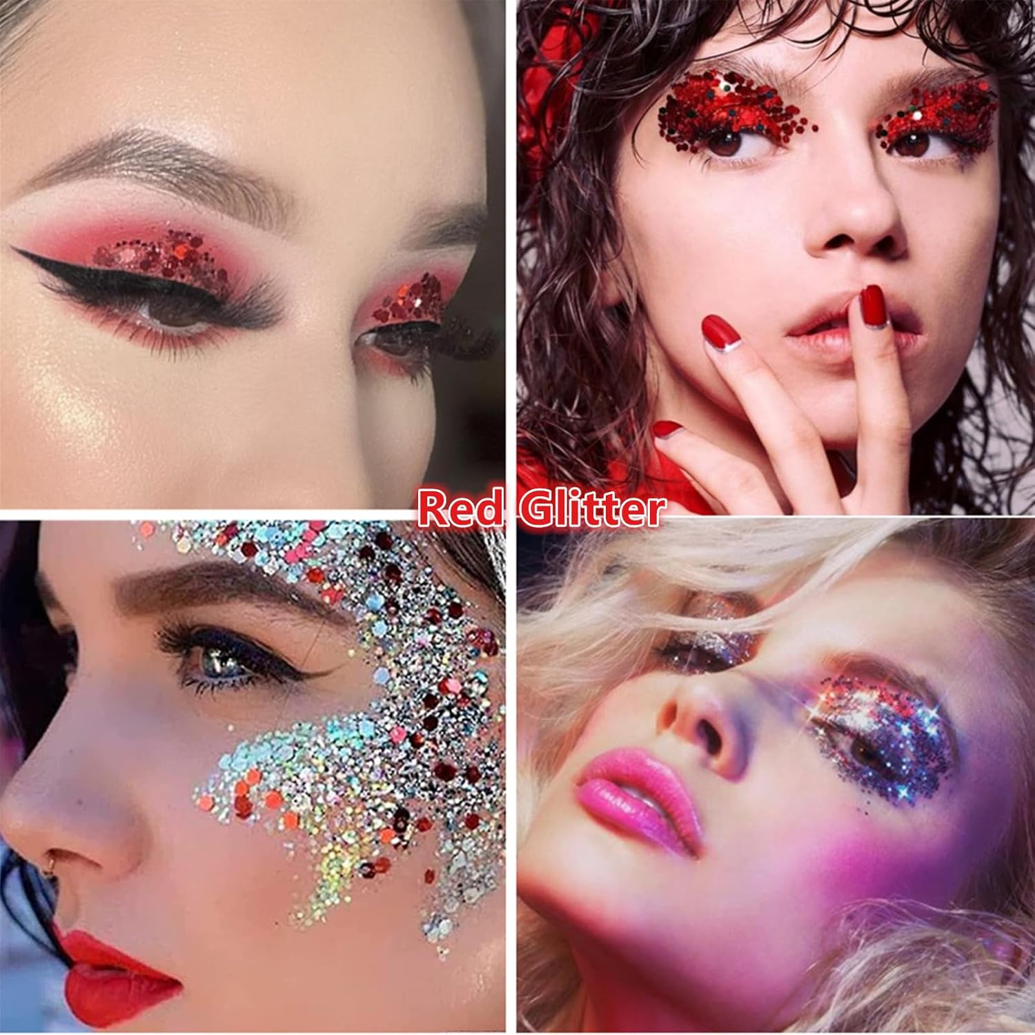 Go Ho Red Face Body Glitter,Singer Concerts Red Face Paint Glitter Makeup,Holographic Chunky Sequins Glitters for Eye Lip Hair Nails,Festival Rave Accessories,52g - Image 3