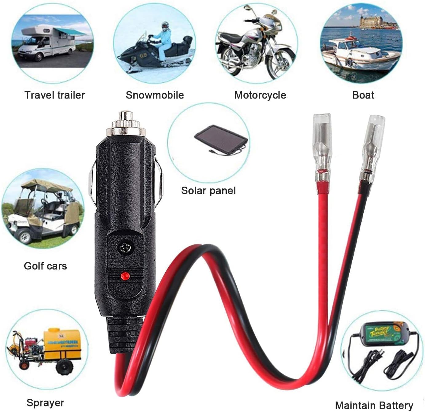 2 Pack Male Cigarette Lighter Plug 12V 24V Heavy Duty 14 AWG Male Plug with 1ft Extension Cable and LED Light, 14AWG Car Replacement Heavy Duty Male 15A Fused Cigarette Lighter Socket Cord