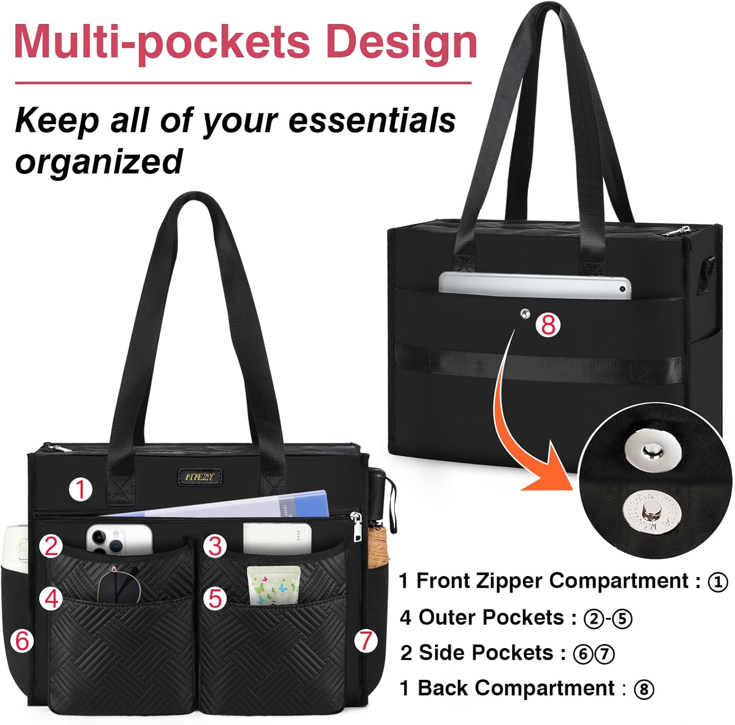 ITIEZY Utility Tote Bag for Women with 15/18 Pockets - Large Teacher Tote Bag with Zipper Compartment Nurse Bags for Work - Image 4