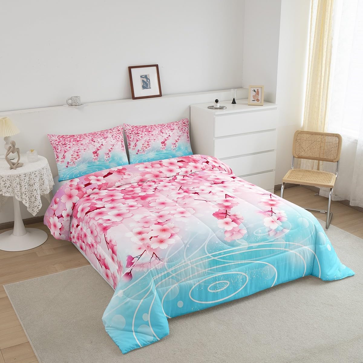 Castle Fairy Cherry Blossoms Comforter Set Queen Size,Pink Sakura Flowers Floral Bedding Set for Women Adult,Trees Plant Blue Lake Luxury Bed Duvet Insert, 2 Pillowcases