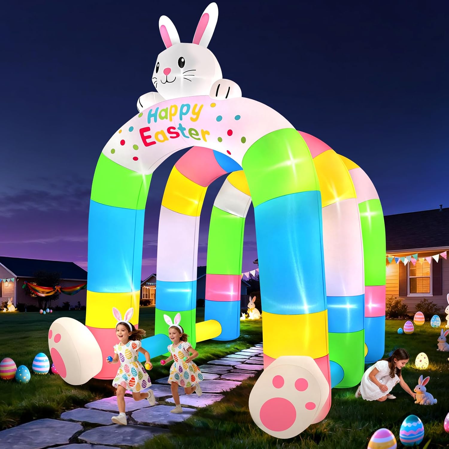 Kalolary 10FT Easter Archway Inflatables Outdoor Decorations, Stereoscopic Bunny Rainbow Arch Inflatable with Built in LED Lights Blow Up Yard Decoration for Holiday Party Garden Yard Lawn Decors