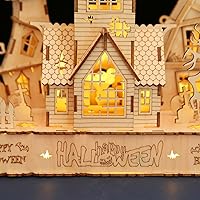 Vista 5 de Rompecabezas de madera 3D de casa embrujada de Halloween, rompecabezas creativo de madera que brilla en la oscuridad, kit de construcción de modelos