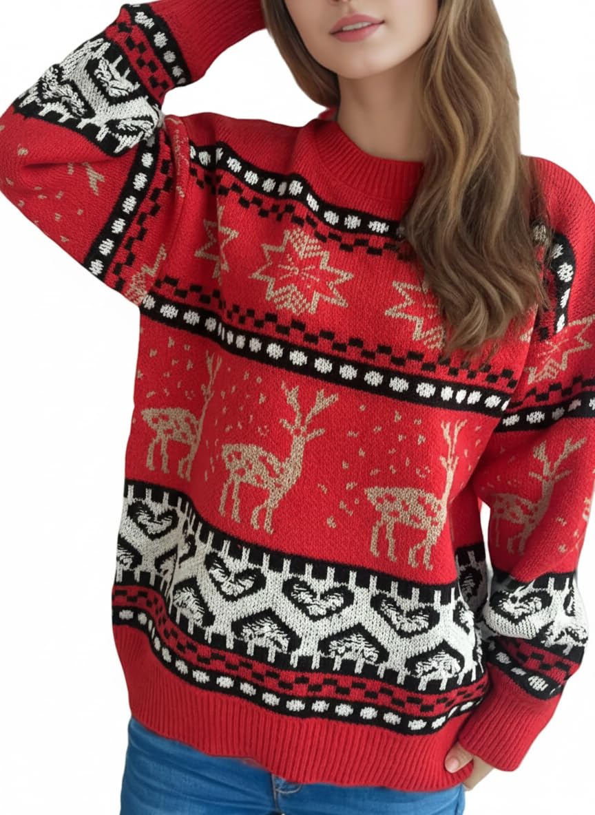 Christmas Element Round Neck Long Sleeve Sweater Polyester Slightly Stretchy Basic Style