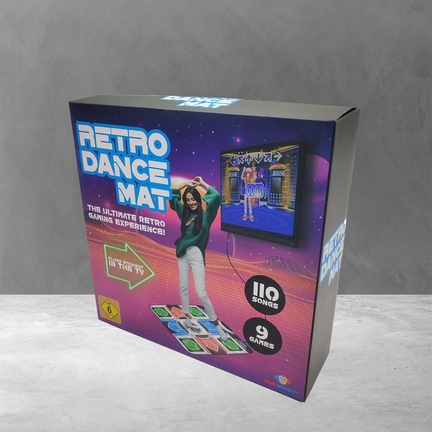 Mad Monkey Tanzmatte mit TV Anschluss & HDMI Konverter, Dance Game mit 110 Songs & 9 Leveln, 2 Spieler Modus, rutschfeste Musik Spielmatte für Kinder & Erwachsene, Arcade Tanzspiel