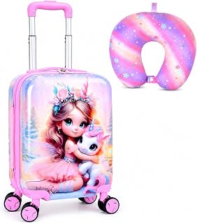 Enchanting Fairy Unicorn Luggage for Girls: Airline-Approved Carry On Kids Rolling Suitcase 2PC Set with 360° Spinner Wheels, Includes Neck Pillow