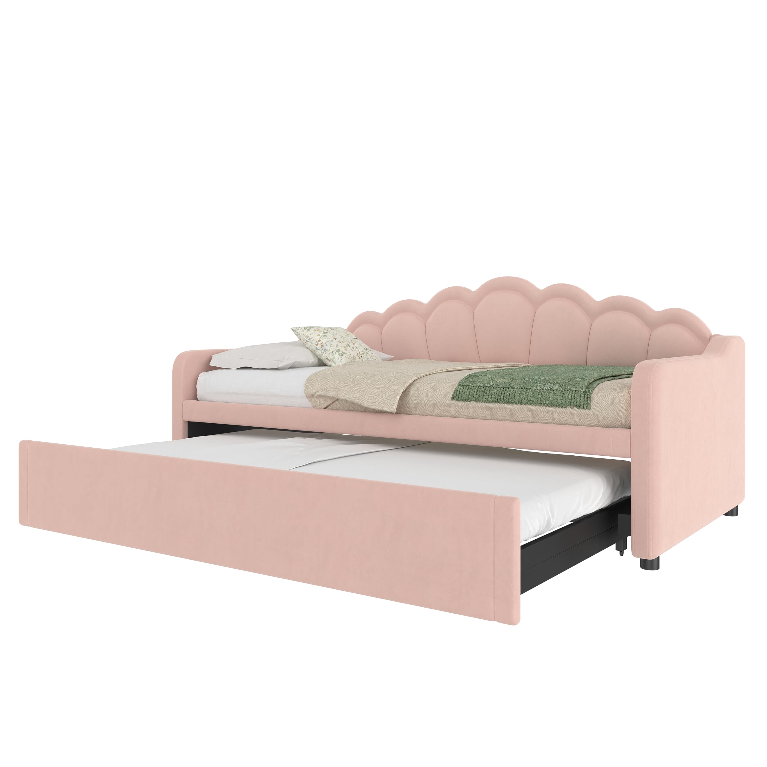 Lexiou Cama de día con cama nido, sofá cama, cama individual (sin colchón), cama doble, terciopelo, tira LED que cambia de color, 90 x 200 cm (180 x 200 cm) (rosa)