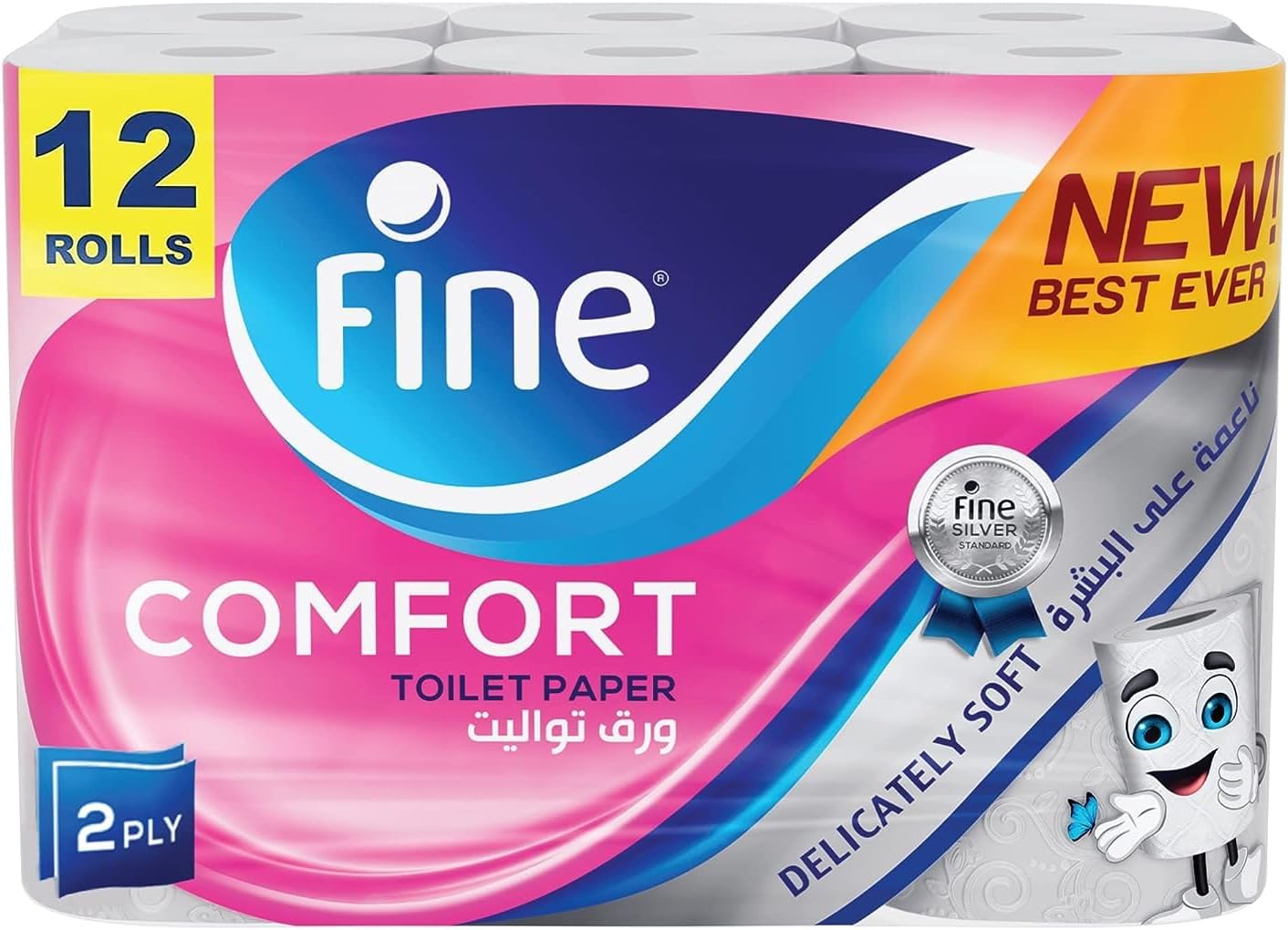 Fine Comfort Toilet Paper 2 Ply, 12 Rolls x 180 Sheets, Absorbent Toilet Roll, Premium Silky Feel Softness Bathroom Tissue Roll, Sterilized for Germ Protection, 2 Ply Tissue Thickness