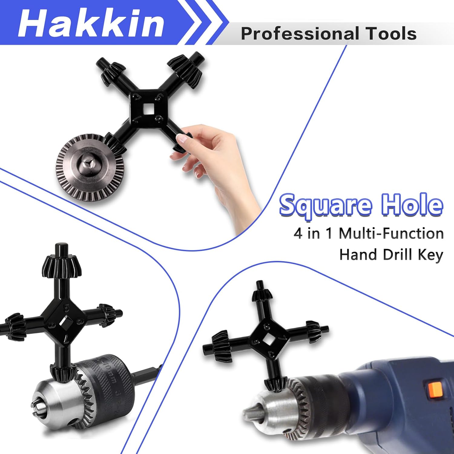Hakkin 4 in 1 Drills Chuck Key Wrench, 1/4”, 3/8”, 1/2”, 5/8”, 3/4”, 1” Sizes Universal 4 Way Chuck Key, Replacement Tool for Electric Drills, Impact Drivers, Tightening and Loosening Chuck (Size L)
