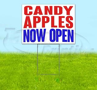 Candy Apples Now Open (18" x 24") Yard Sign, Quantity Discounts, Multi-Packs, Includes Metal Step Stake, Bandit, New, Advertising, USA