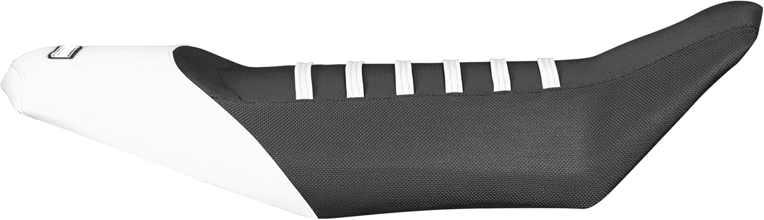 Enjoy Mfg Seat Cover - Compatible with Polaris 2013-2017 Scrambler 850 1000 Seat Cover Color Ribbed - #347 Logo (White Sides/Black top/White Ribs)