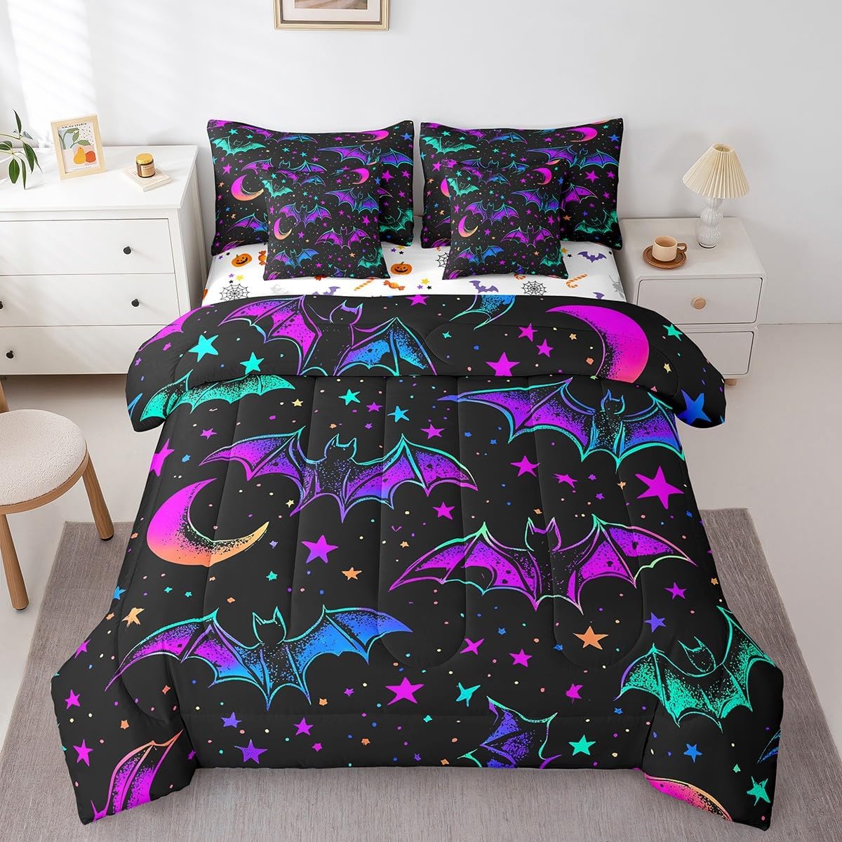 Erosebridal Queen Comforter Set 7 Pieces,Halloween Reversible Bed in a Bag Queen,Pumpkin Lantern Queen Bedding Set with Black Bat Comforter, Flat Sheet, Fitted Sheet, Pillowcases, Pillow Shams