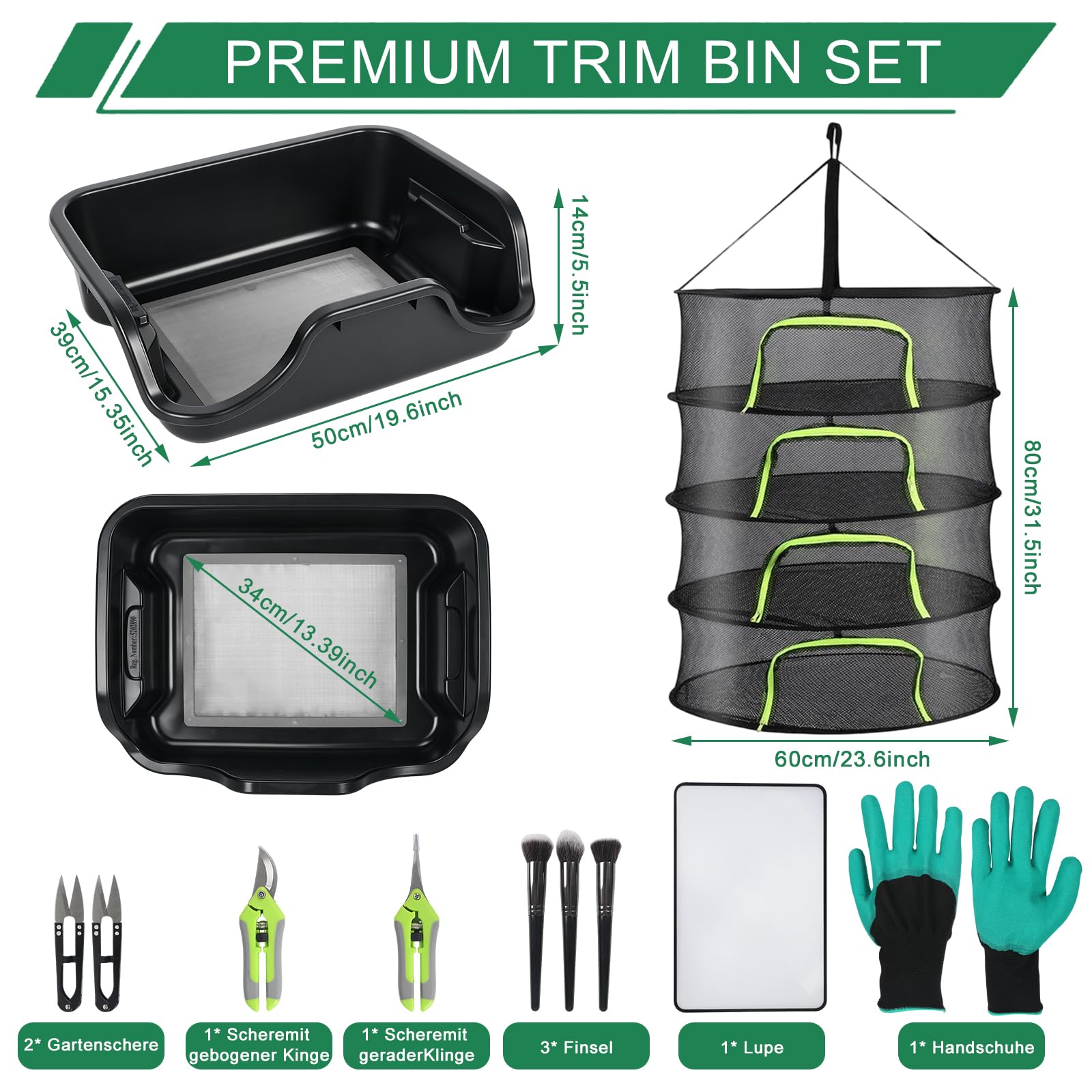 Premium Trim Bin Set, 150 Micron Pollensieb, TrimmSchale Trim Tray mit 2 Ergonomische Trim Tray, 4 Trimmscheren, Bürste, Lupe, Grow Zubehör zum Trockensieben und Sammeln