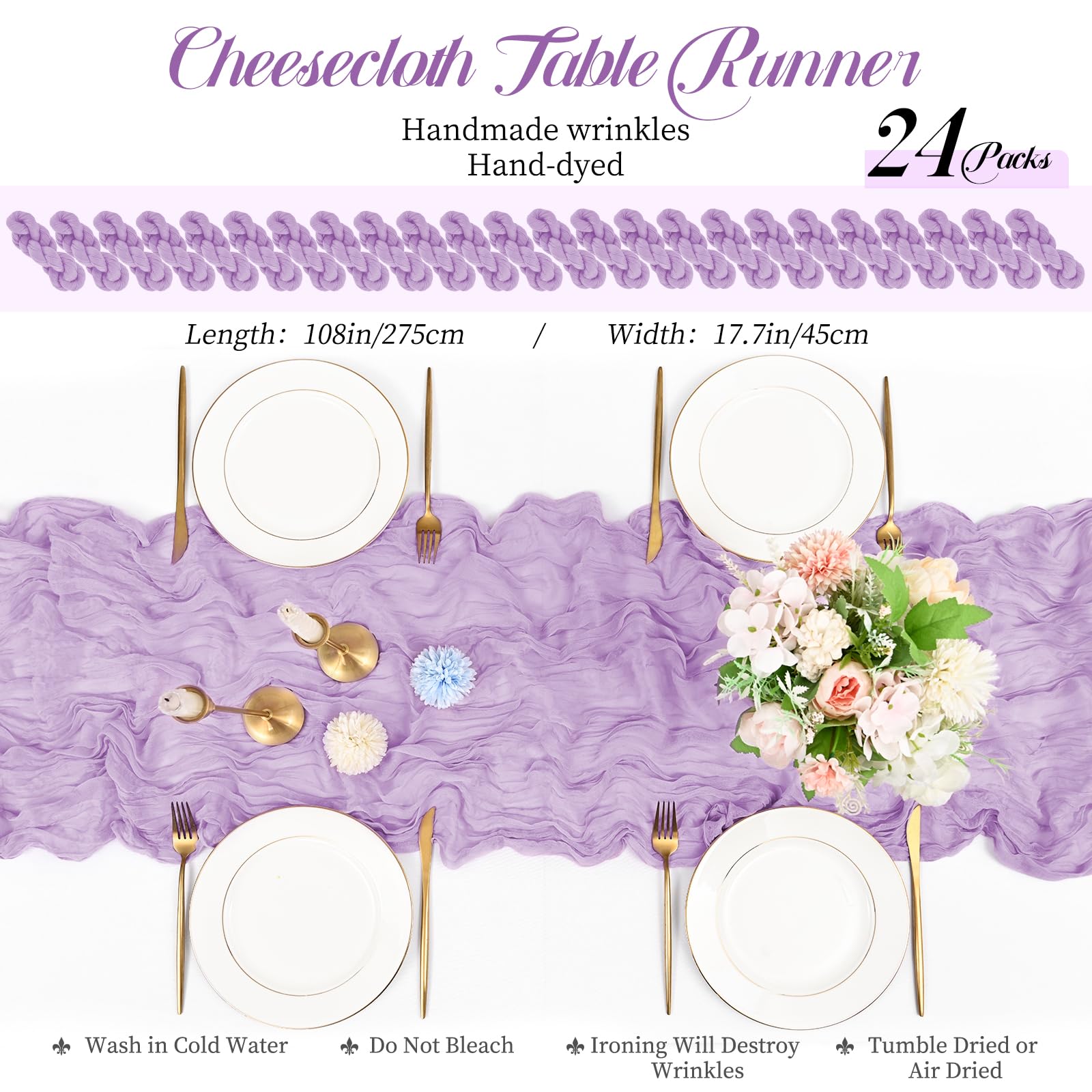 Teruntrue 24 Stück Tischläufer Lila 45x275 cm Boho Gaze Käsetuch Tischläufer für Hochzeit, Party, Babyfeier, Brautshower, Geburtstag-Dekorationen