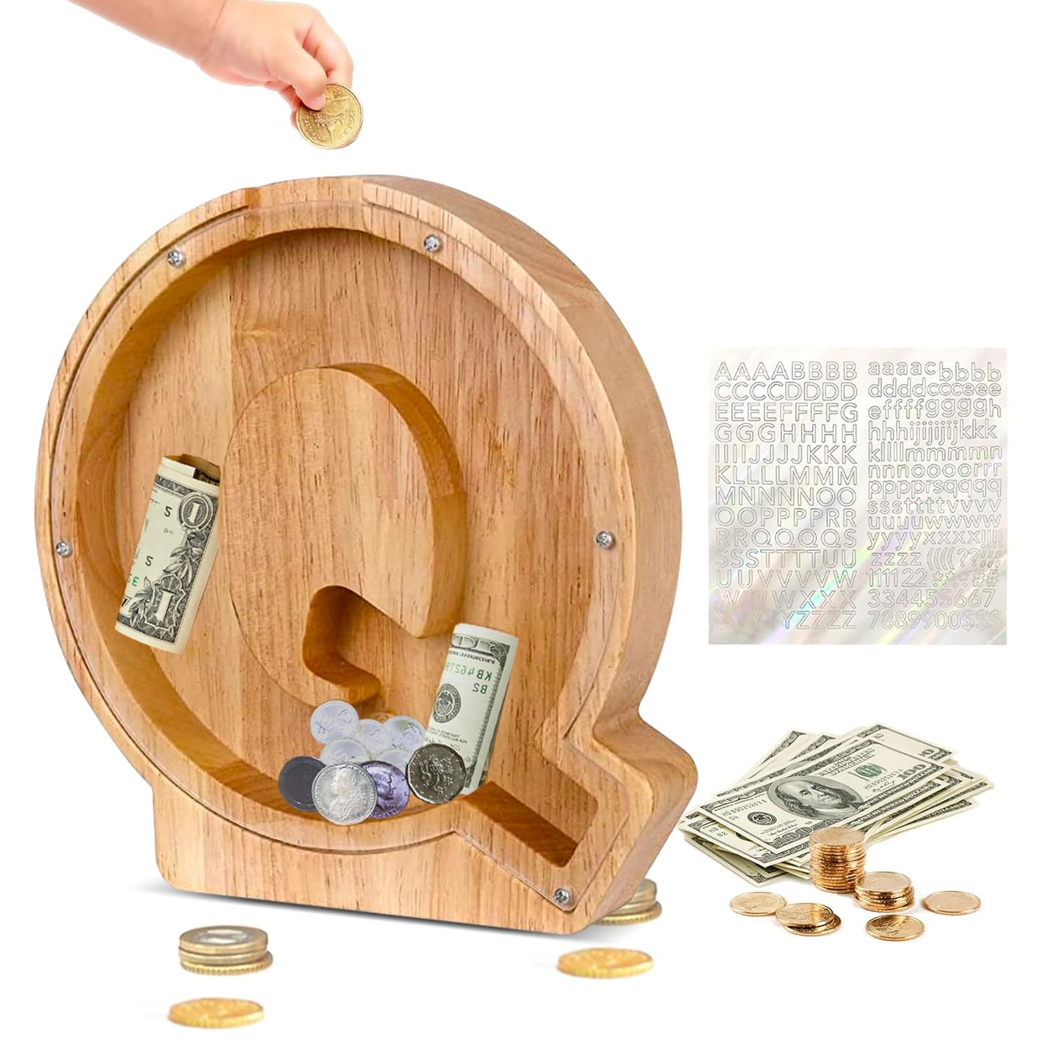 Custom Wooden Piggy Bank, CCHKFEI Coin jar Personalized Piggy Bank Creative 26 Letter DIY Storage Jar Kids Alphabet Coin Bank Birthday Gift Home