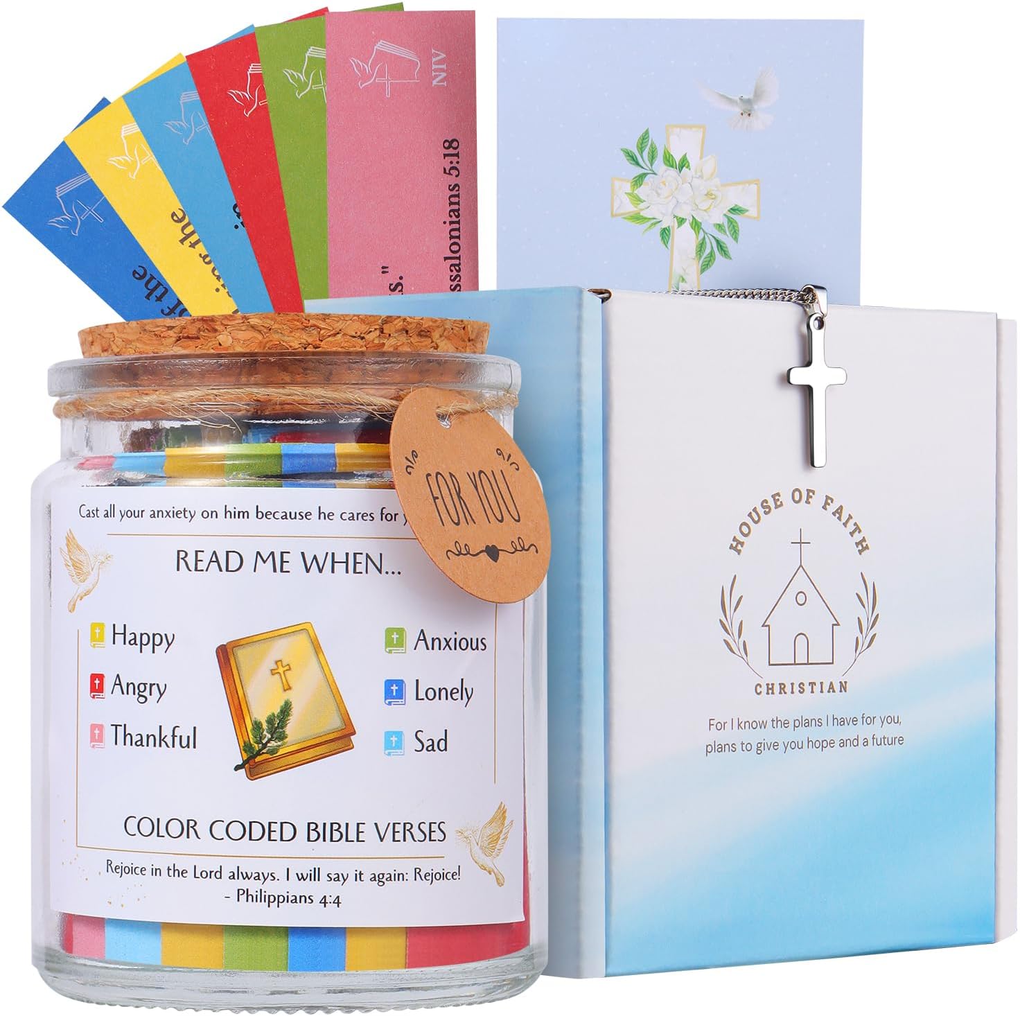 Bible Verse Jar, Christian Gifts For Women Faith, Inspirational Gift for Mom, Read Me When Prayer Bible Jar for Men, Religious Home Decor, 90 Color Coded Scripture Cards with Cross Necklace