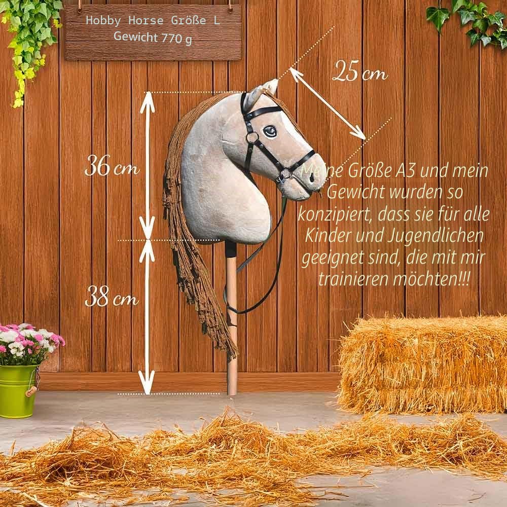 Hobby Horse Beige A3, Pferd, komplett mit Netz, Gebiss, Zügel, Halfter und Insektenmütze, schwarz und weiß, Pferdekopf, Stab für Hobby Horsing Kinder und Jugendliche