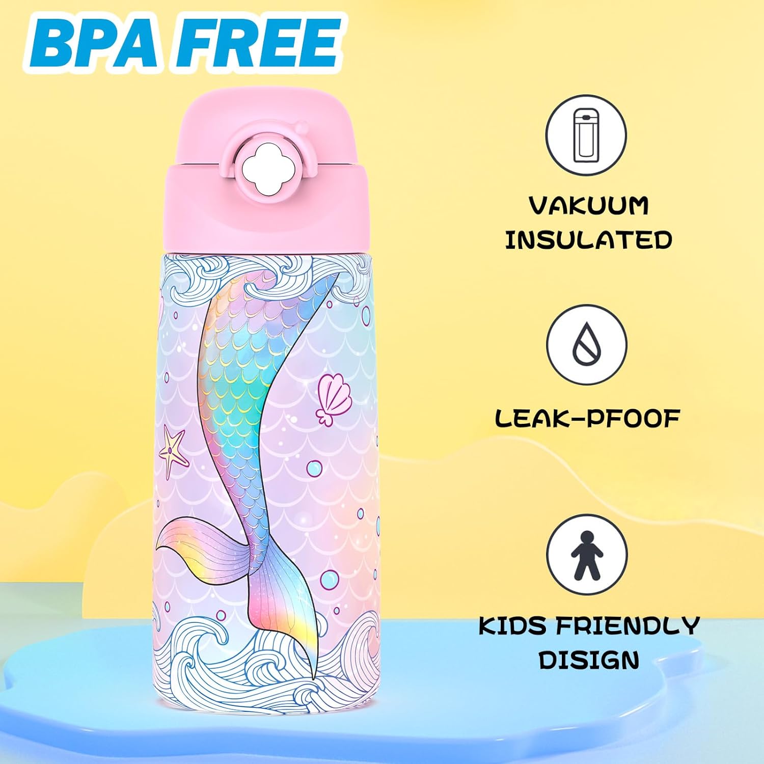 Girls Insulated Water Bottle with Covered Pop-Up Straw,16 oz Kids Cups with Stainless Steel Leak Proof for School Pink(Mermaid) - Image 3