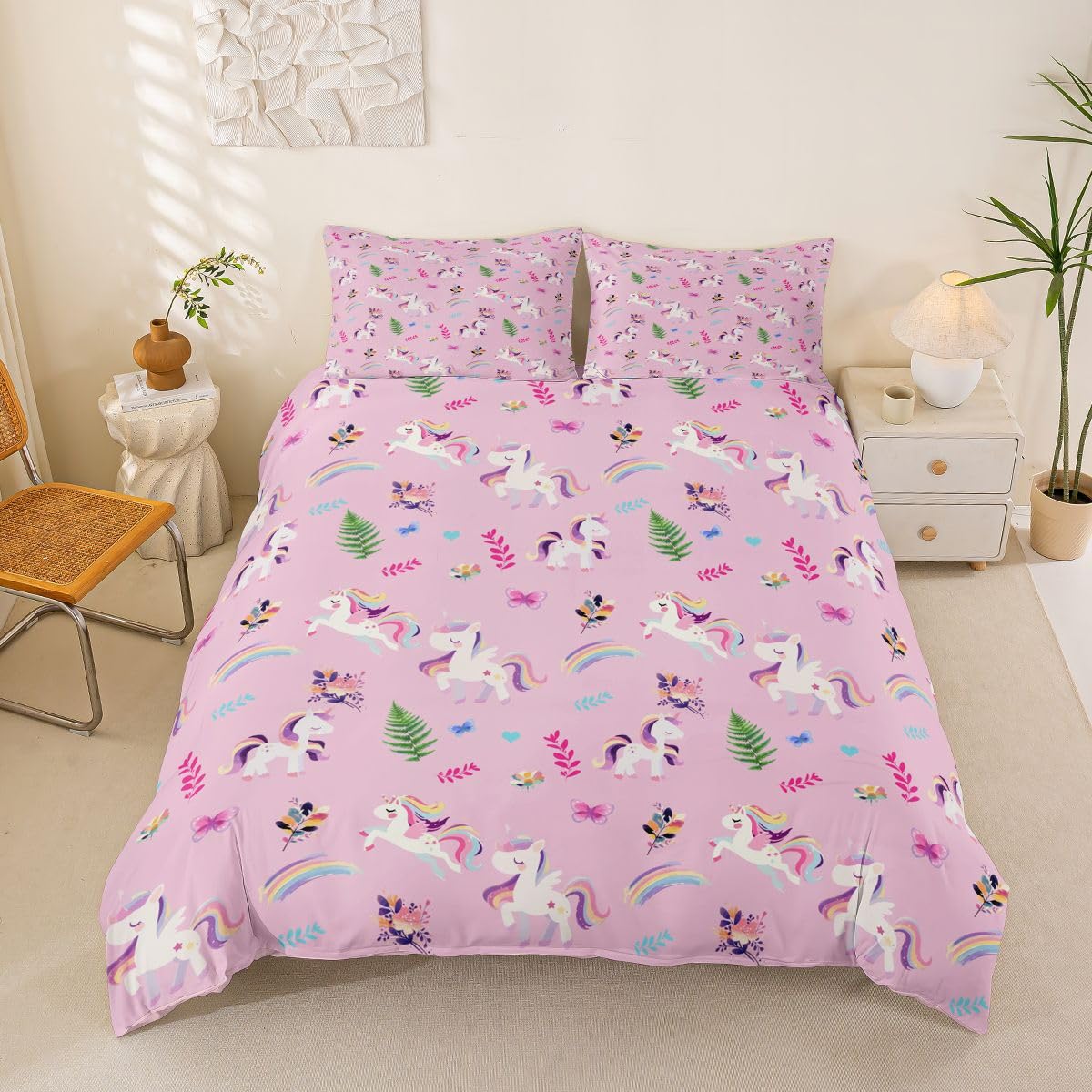 Parure de lit rose avec motifs licorne et papillon 3 pièces