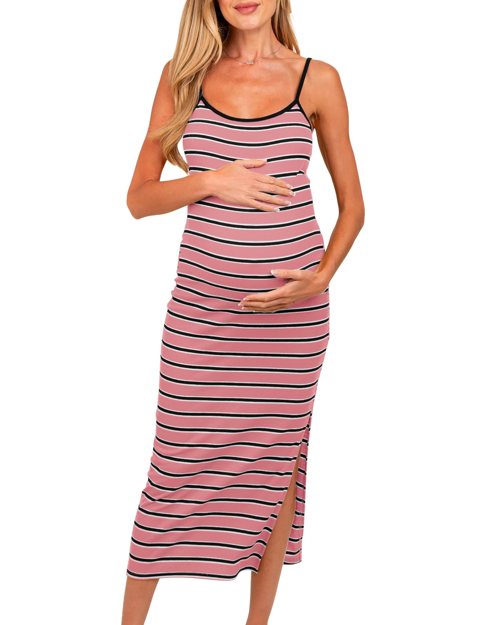 FMEYOA Split Maternity Dress Knit Sleeveless Bodycon Midi Dress for Baby Shower/Photoshoot