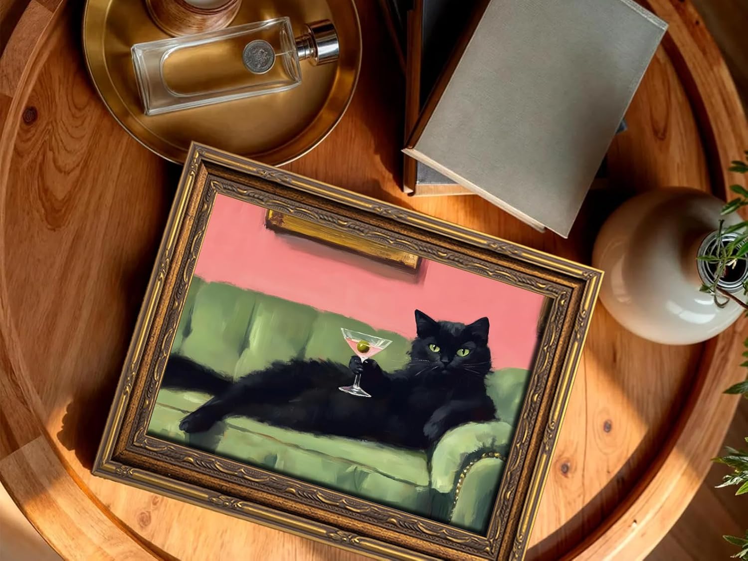 Vintage Gold Framed Cat Wall Art Cocktail Bar Cart Painting Picture Wall Decor Quirky Whimsical Eclectic Bar Decor Poster Print Artwork for Bar Kitchen Bathroom Bedroom