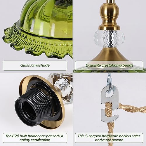 Miniatura 4 de Lámpara colgante enchufable. Lámpara de araña retro de cristal verde. Dormitorio, sala de estar, comedor, pasillo, vestíbulo, isla de cocina. Viene