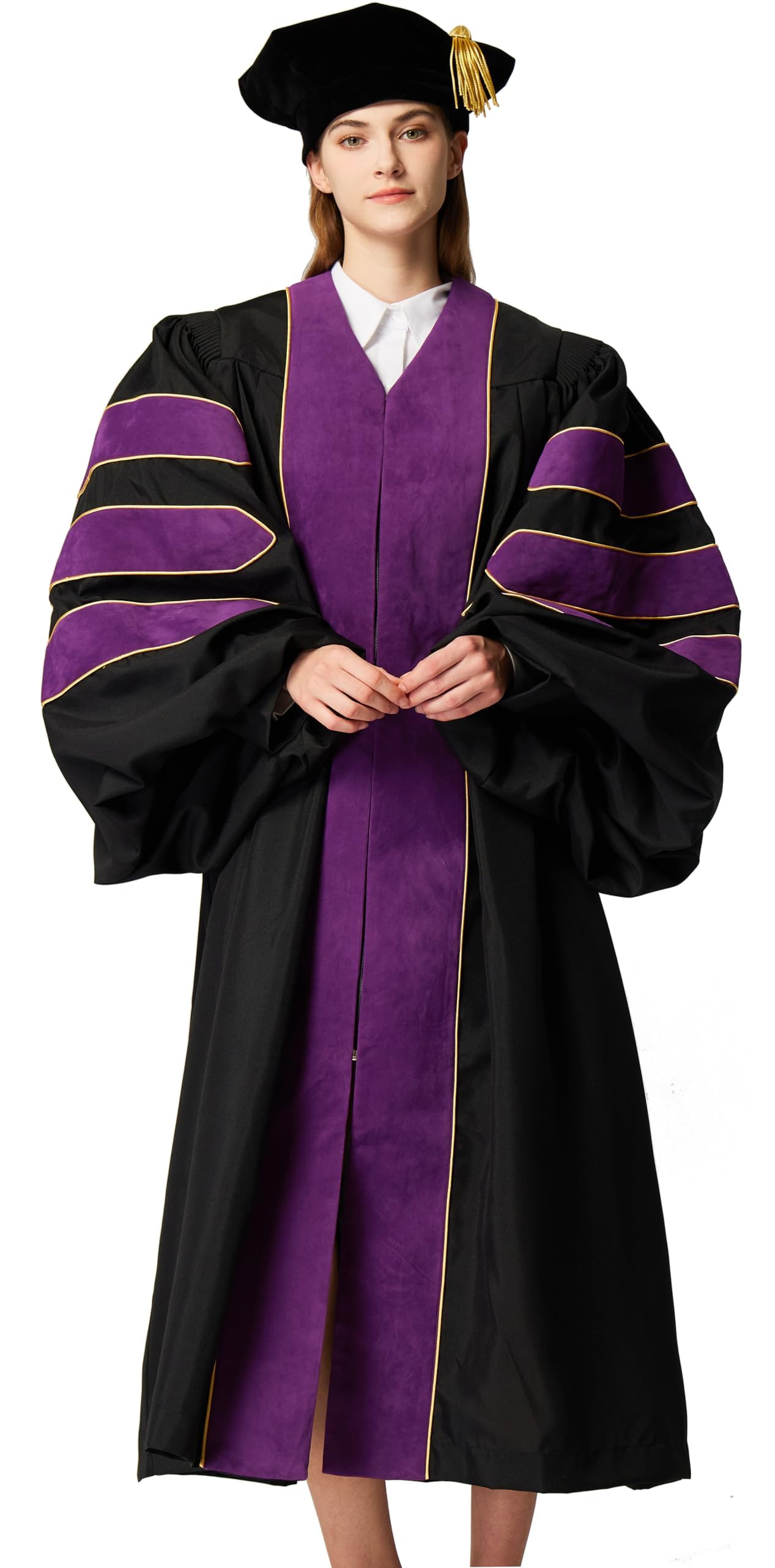 Vestido de graduación de doctorado unisex de lujo y paquete de 8 lados con ribetes dorados