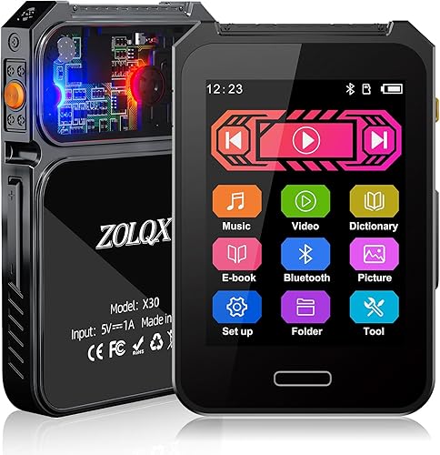 Reproductor MP3 de 64 GB Bluetooth 5.3 con pantalla táctil completa de 2.4 pulgadas, reproductor de música digital portátil ZOLQX con altavoz, radio