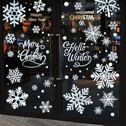 Miniatura 7 de YUJUN 8 hojas de calcomanías de ventana de copos de nieve de invierno, pintura al óleo azul de Navidad, copos de nieve, calcomanías para ventana de