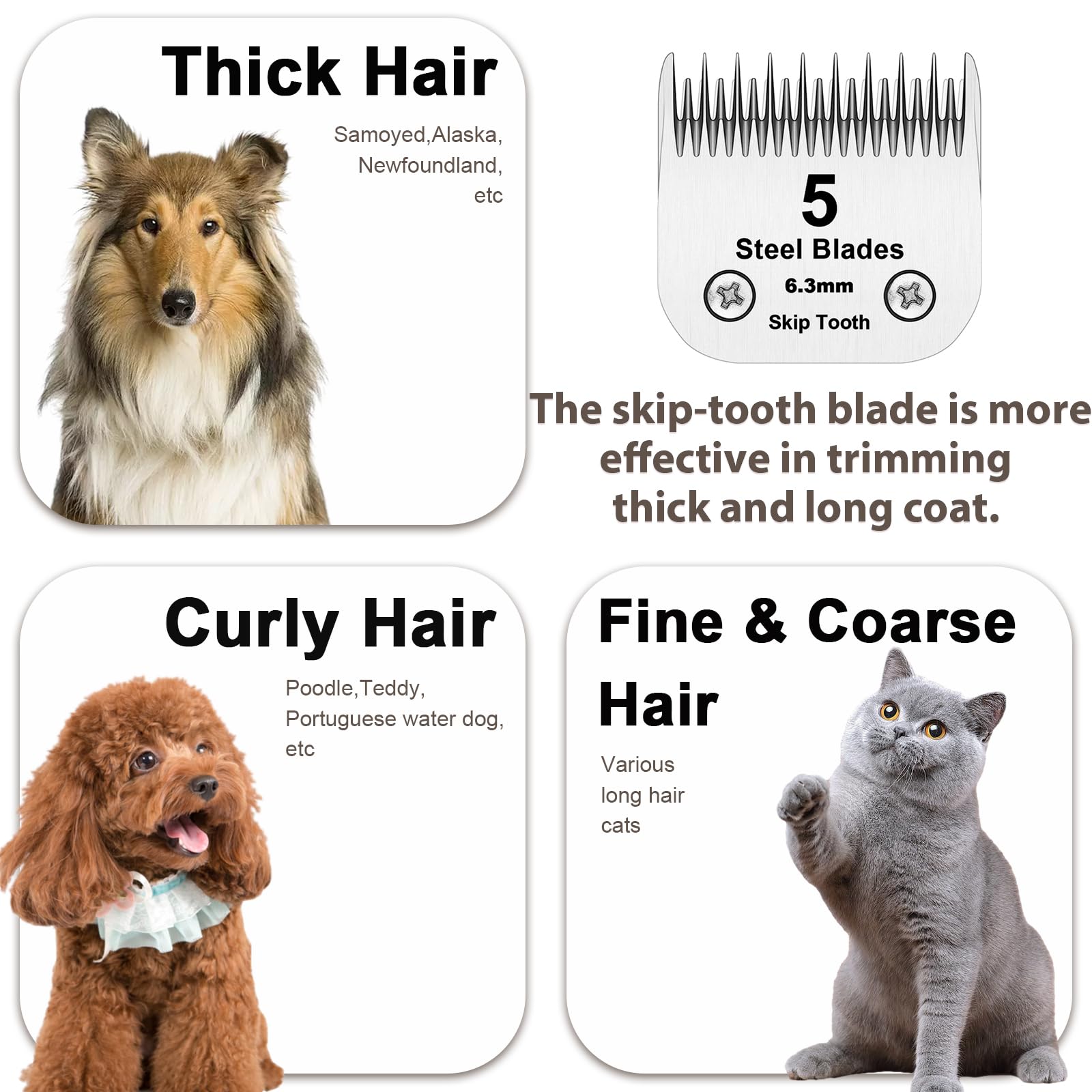 5 cuchillas de dientes desmontables, hoja de acero para aseo de perros compatible con cortadoras Andis, Oster A5, Wahl KM10, longitud de corte de 6,4 mm