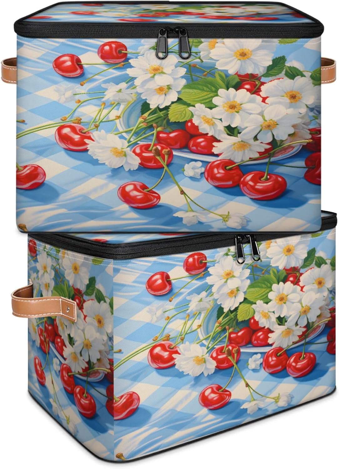Storage Bin Set of 2 Cherry Daisy Plaid Storage Basket with Zipper Lid & Handle Foldable Closet Shelf 2 Pack Cloth Organizer Basket Cube Bins Clothes Organizer for Nursery, Bedroom