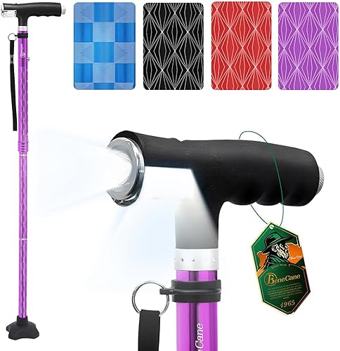 BeneCane Bastón plegable para mujer con dos luces LED, bastón cuádruple con base estable, ligero y ajustable