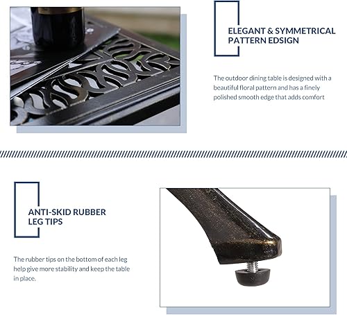 Miniatura 4 de Mesa de comedor al aire libre de 35.4 pulgadas, mesa cuadrada de patio de aluminio fundido de bronce, mesa grande rústica con agujero para paraguas