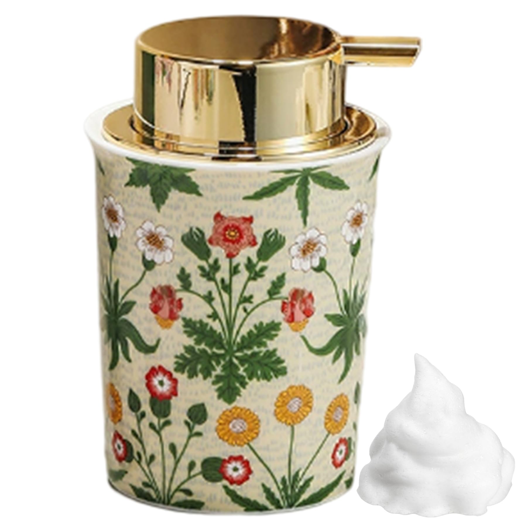 250ml Foaming Soap Dispenser Floral Vintage Ceramic Foam Soap Dispenser Refillable Lotion Bottle with Golden ABS Pump for Kitchen Bathroom Green