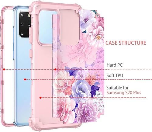 Miniatura 3 de Casetego Funda para Galaxy S20 Plus, S20+, diseño floral de tres capas, resistente, resistente, a prueba de golpes, cuerpo completo, policarbonato