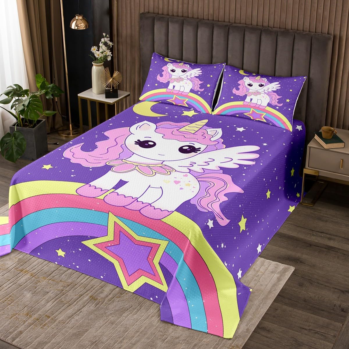 Cartoon Unicorn Coverlet Set Queen Size,Kawaii Pink Horse Cute Animal Durable Bedspread for Girls Teens,Starry Stars Rainbow Lovely Purple Soft Polyester Quilt Set, with 2 Pillowcases